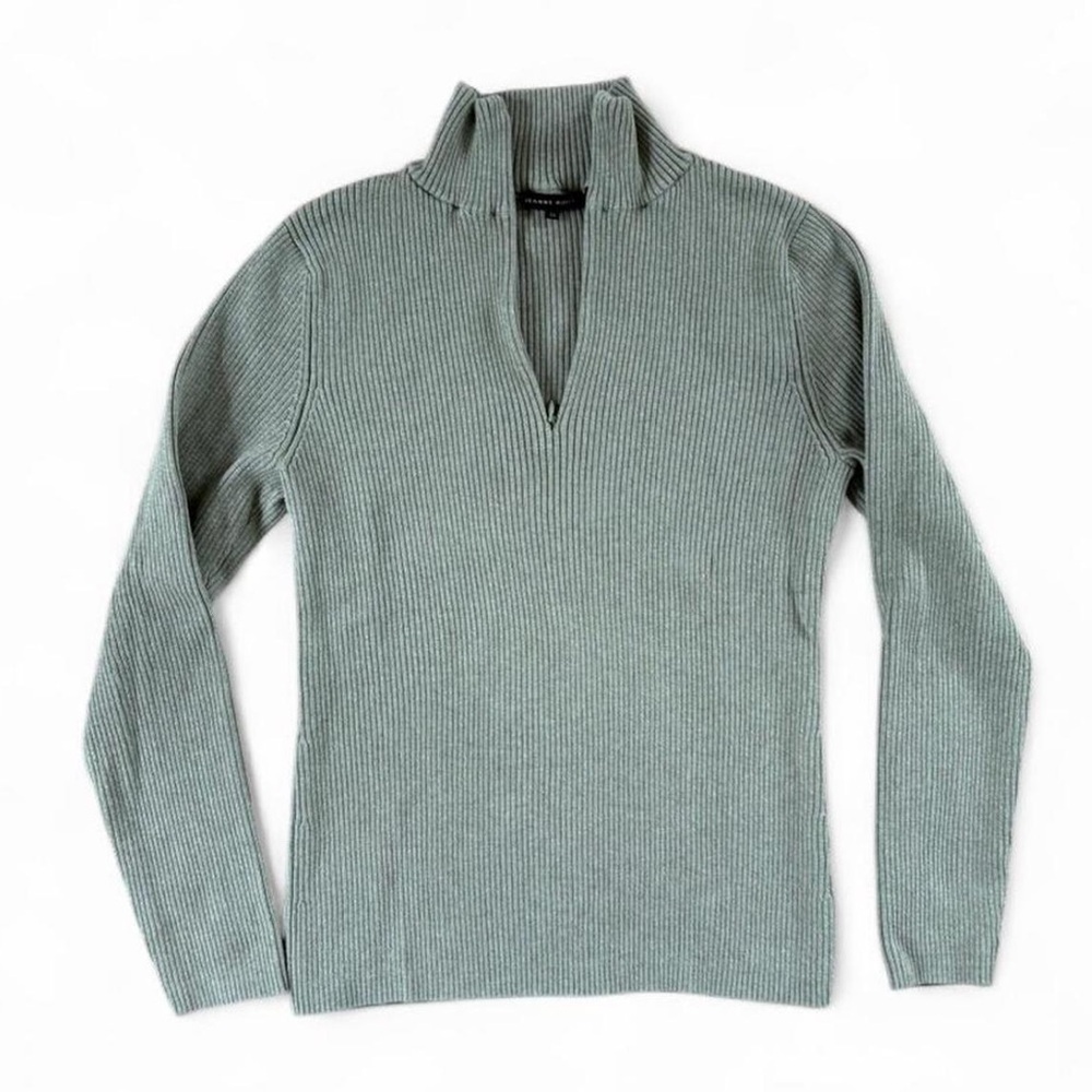Jeanne Pierre dusty sage green ribbed mock neck luxe cotton sweater
